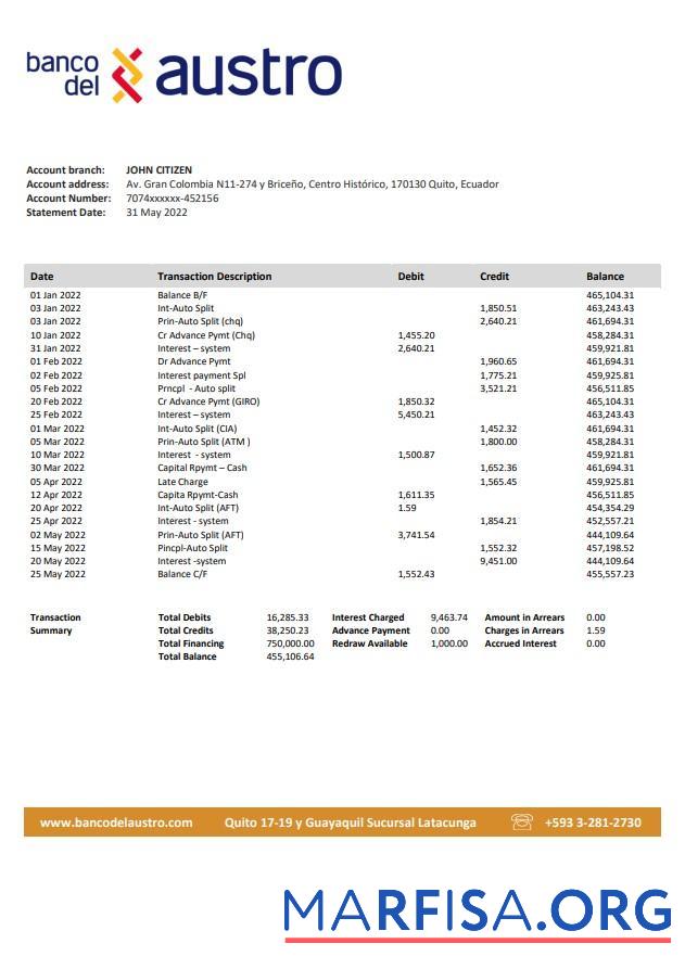 Printable Ecuador Banco del Austro bank statement word version 2 sample